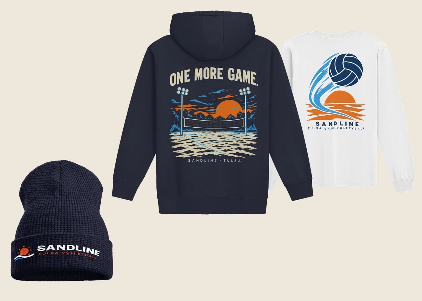 The Fall Drop: navy One More Game Hoodie, white Rally long sleeve, and navy Sandline Waffle Beanie